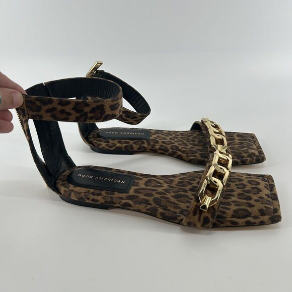 Good American Leopard Print Ankle Strap Sandals with Gold Chain Detail Size 9.5 - Picture 1 of 10